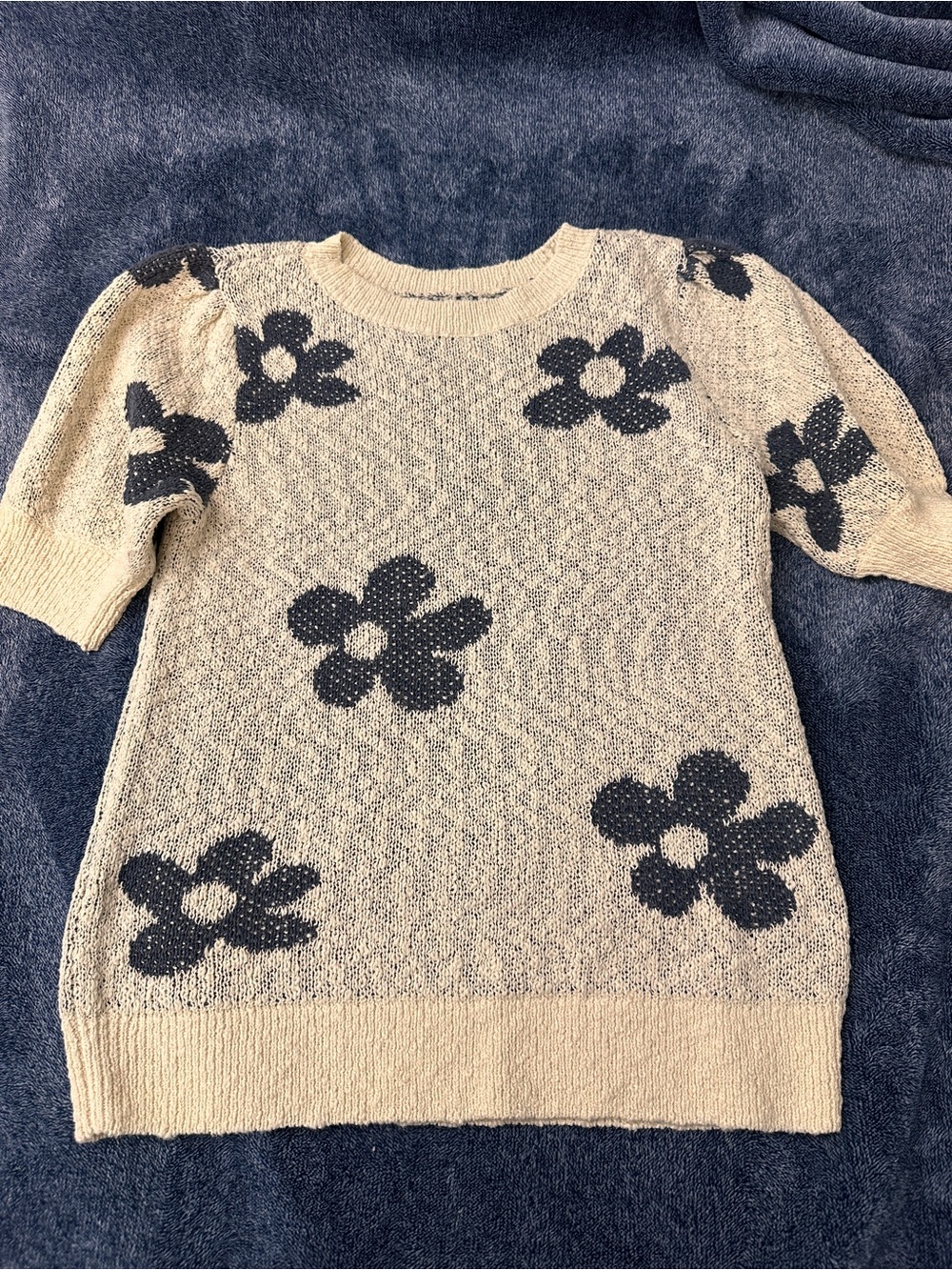 Women’s Sonoma Cream Knit Short Sleeve Sweater with Navy Floral Motif